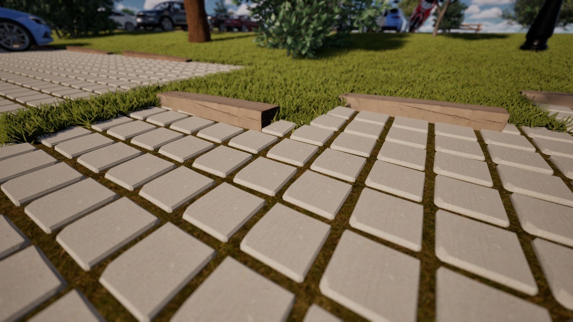 Détail : pavés drainants à joints engazonnés et butte-roues bois