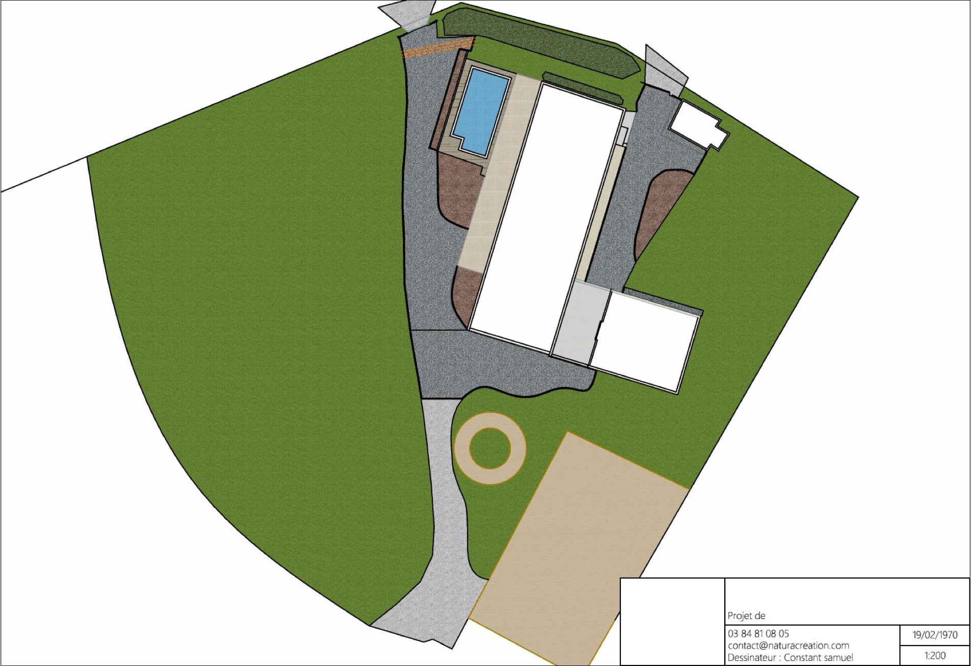 Plan 2D cadré sur JardiCAD, à partir des relevés topographiques à la station totale Leica : il a servi à calculer les métrés pour le chiffrage et de base aux vues 3D.
