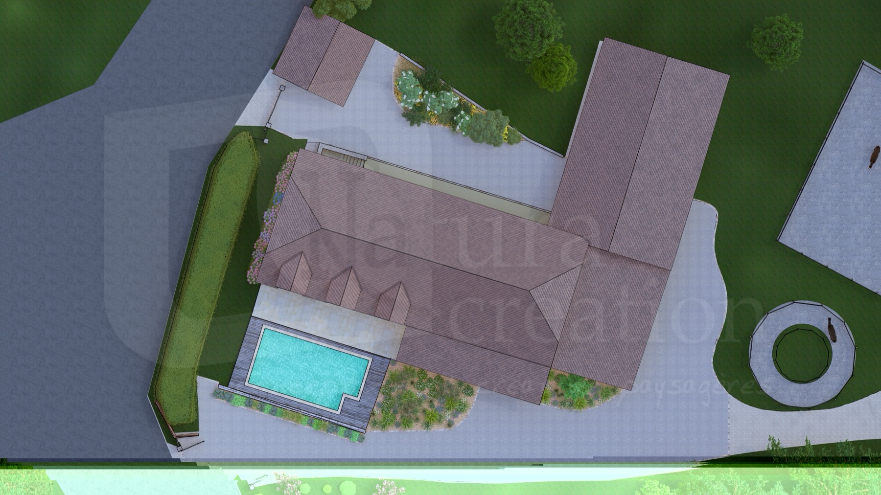 Rendu 3D Lumion présenté au client : vue aérienne du domaine.