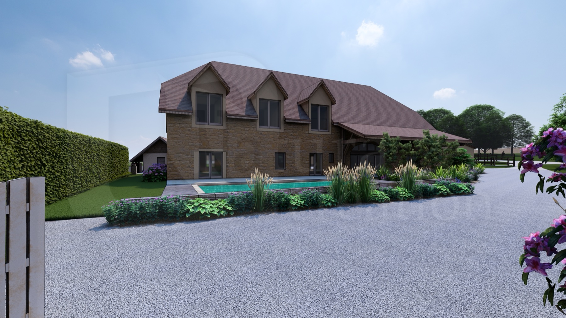 Rendu 3D Lumion présenté au client : la maison et la piscine.