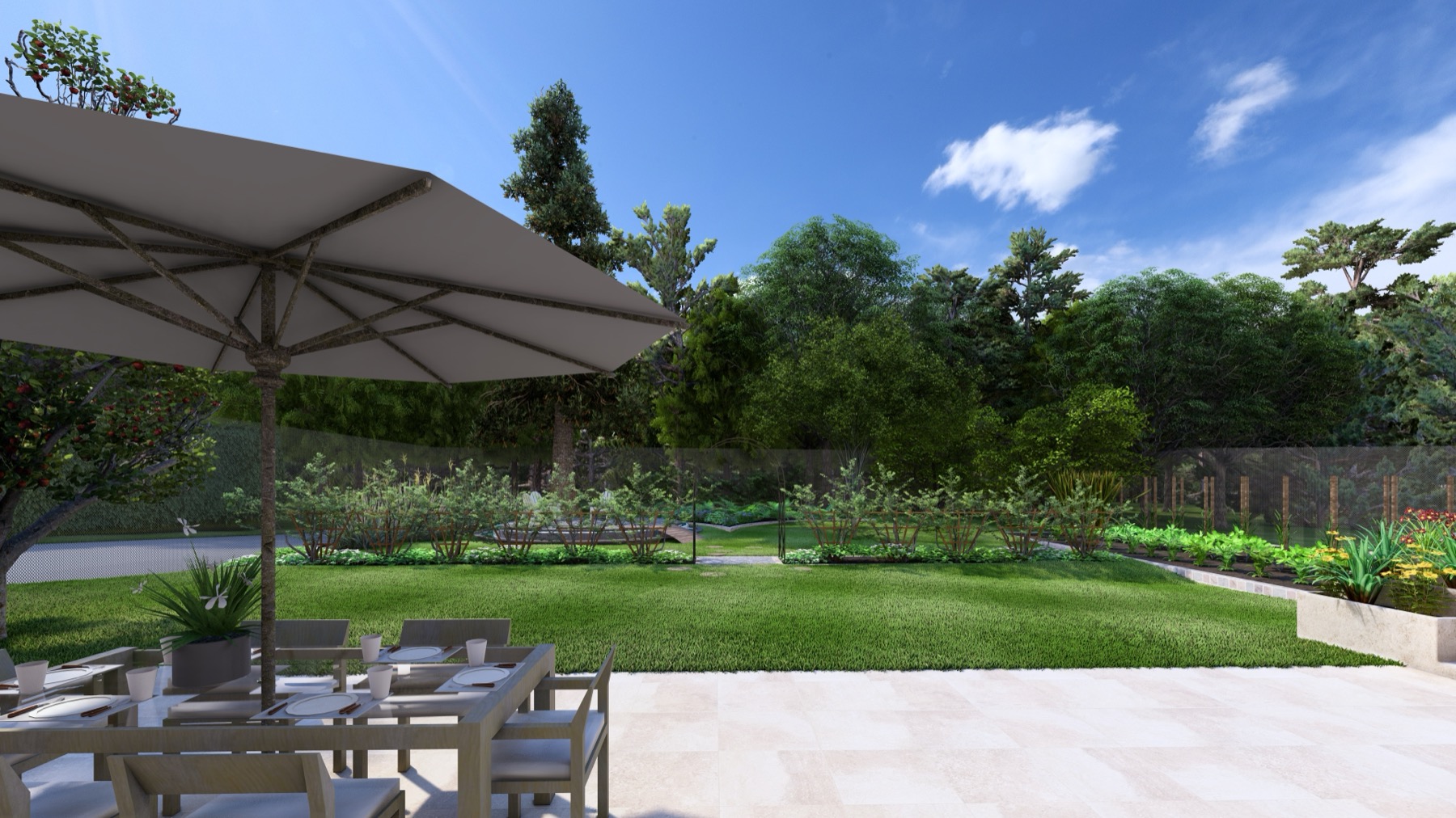 Rendu Lumion, jardin privé et sa terrasse ombragée