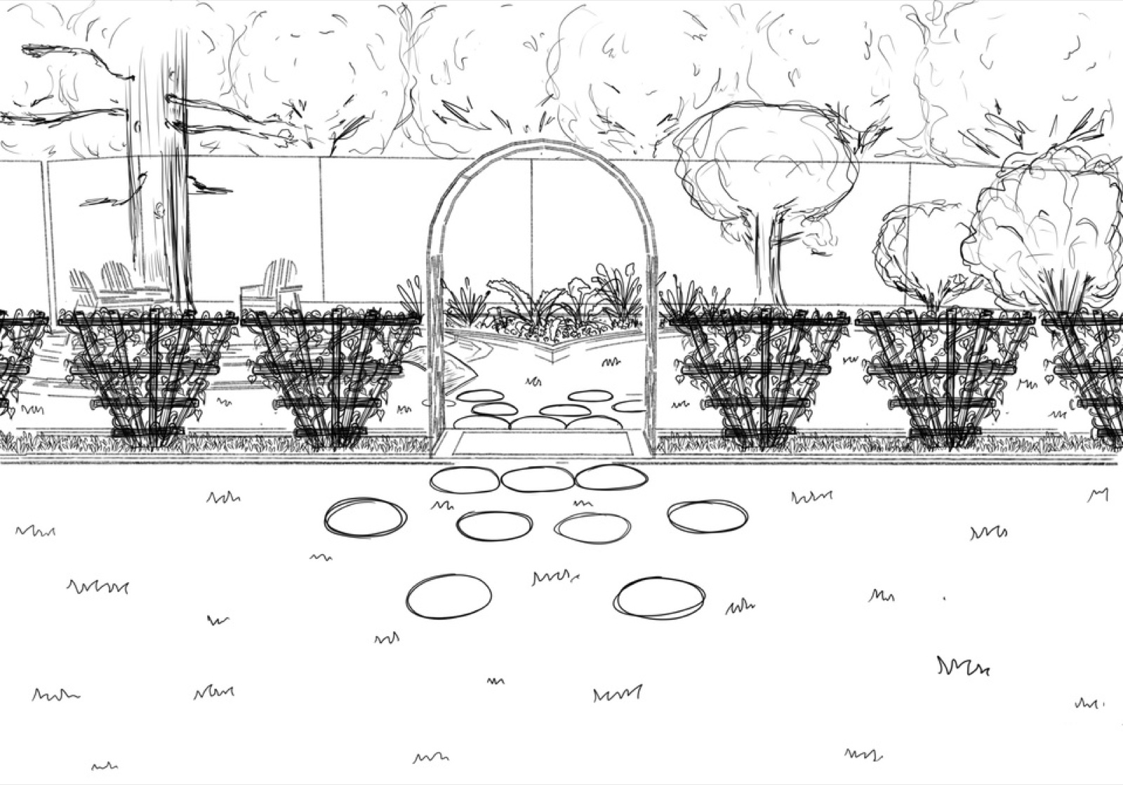 Croquis à la tablette graphique : pergola et massifs