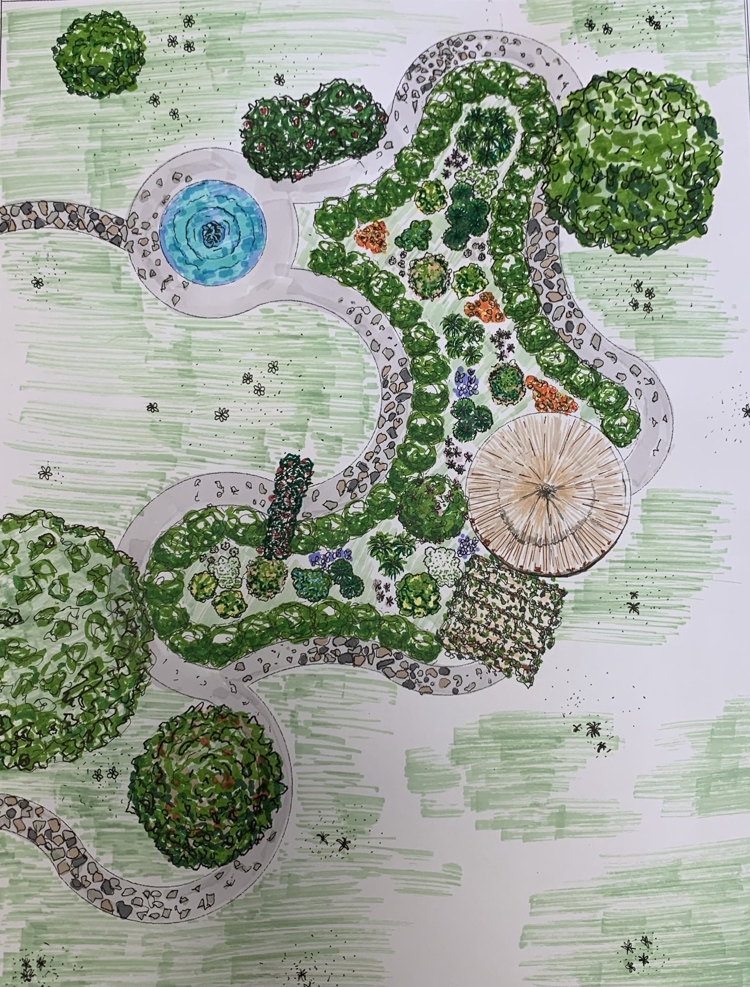 Plan masse au feutre à alcool, jardin naturaliste